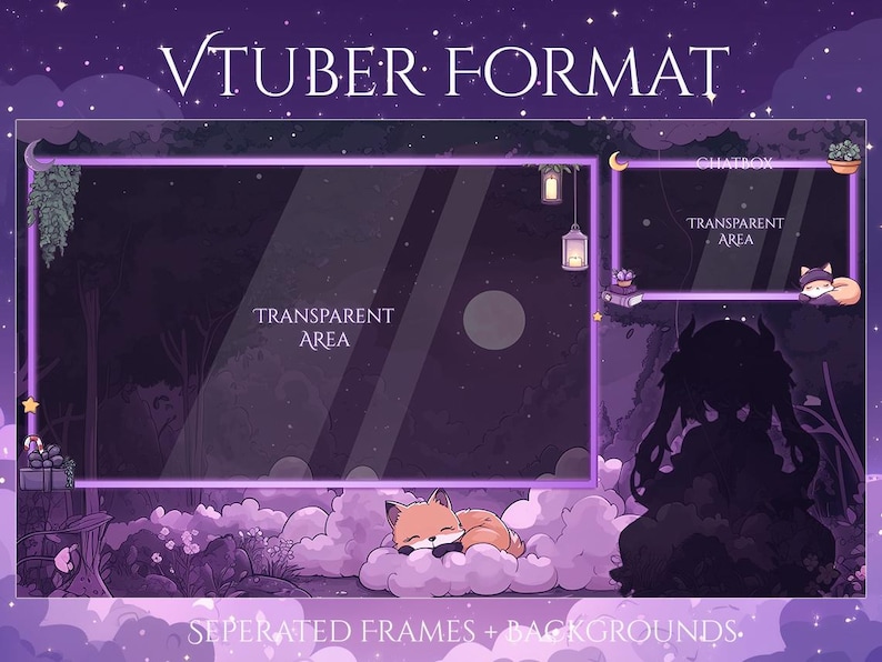 May include: A digital art graphic with a purple and dark blue night forest theme, designed for a VTuber format. The image includes a transparent area, a chatbox, and a sleeping fox character. Text reads "VTUBER FORMAT" and "SEPERATED FRAMES + BACKGROUNDS."