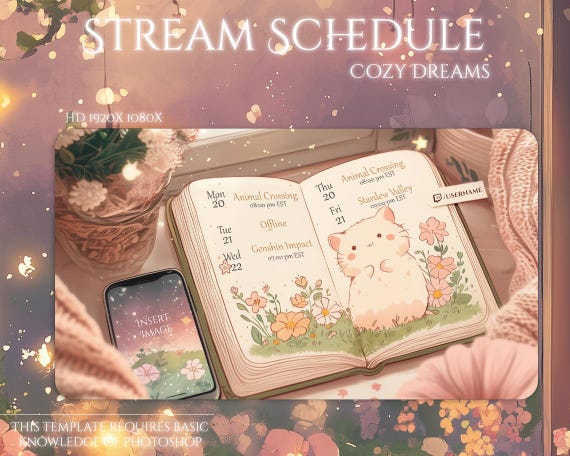 Cozy Stream Schedule PSD Template | Editable Twitch Schedule | Photoshop Smart Object Overlay | Photopea Compatible | Stream Planner Design