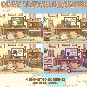 Op de afbeelding: Gezellig Twitch-pakket met vier geanimeerde schermen, inclusief een nachtversie. De afbeelding toont een cartoonkat die op een kussen ligt in een kamer met een computer, bureau en planken. De schermen tonen berichten zoals "Be Right Back" en "Starting Soon."