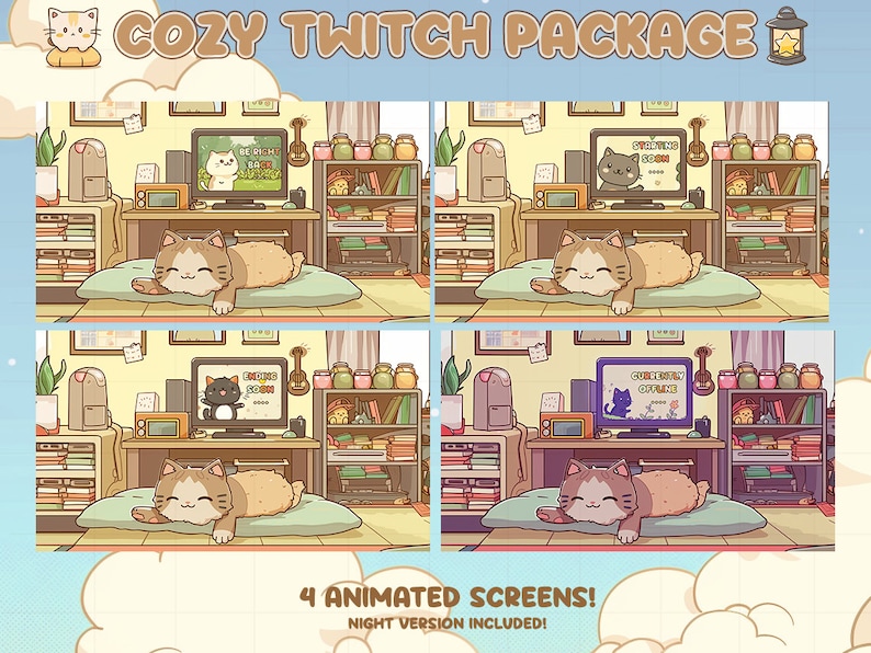Op de afbeelding: Gezellig Twitch-pakket met vier geanimeerde schermen, inclusief een nachtversie. De afbeelding toont een cartoonkat die op een kussen ligt in een kamer met een computer, bureau en planken. De schermen tonen berichten zoals "Be Right Back" en "Starting Soon."