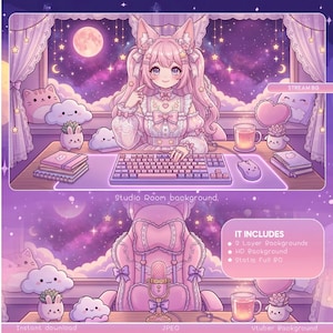 May include: Digital illustration of a pink-haired anime character with cat ears, seated at a desk with a keyboard and mouse. The background features a starry night sky, a full moon, and decorative elements. Text reads "Studio Room background" and "STREAM BG".