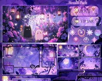 May include: Animated Dark Floral Package stream pack with a purple and pink floral theme. Includes animated overlays, panels, and screens. Features a black cat and ghost, lanterns, and the text "Starting Soon".