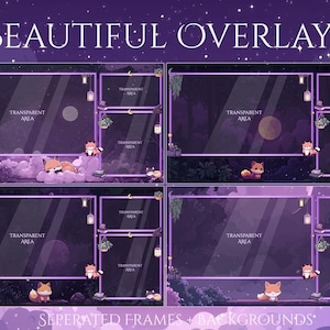 May include: Four digital overlays with a purple and dark blue night sky theme. Each overlay features a transparent area, a cute fox, and decorative elements like hanging lanterns and plants. Text reads "BEAUTIFUL OVERLAYS" and "SEPERATED FRAMES + BACKGROUNDS".
