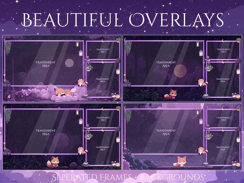 May include: Four digital overlays with a purple and dark blue night sky theme. Each overlay features a transparent area, a cute fox, and decorative elements like hanging lanterns and plants. Text reads "BEAUTIFUL OVERLAYS" and "SEPERATED FRAMES + BACKGROUNDS".