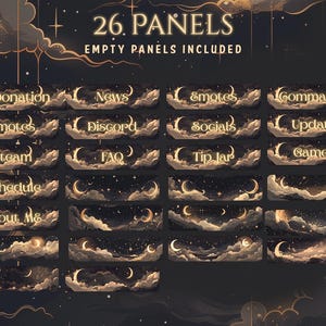 May include: A digital art graphic featuring 26 panels with a celestial theme. Each panel has a dark background with clouds, stars, and a crescent moon. Text includes "Donation", "News", "Emotes", "Commands", "Discord", "Socials", "Update", "Steam", "FAQ", "Tip Jar", "Games", "Schedule", and "About Me".