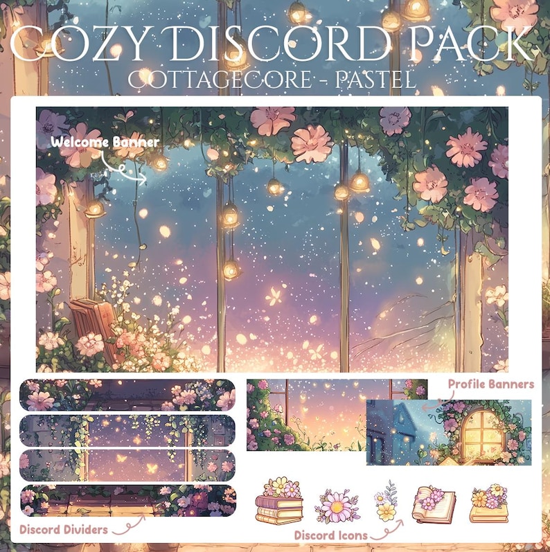 Cozy Discord Server Package: Dividers, Panels, Invite & Welcome Banners with Flowers, Butterflies, Fairy, Books Icons, Pastel, Cottage core image 1