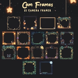 Op de afbeelding: Een collectie van 21 digitale camerakaders met het label Cam Frames, met diverse thema's zoals pompoenen, zwarte katten, lantaarns, wijnstokken en gloeiende sterren tegen een donkere achtergrond. Elk kader heeft unieke decoratieve elementen.