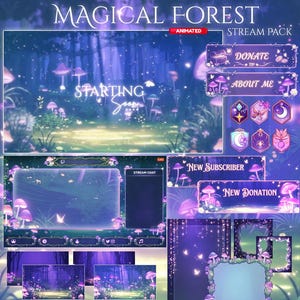 May include: A digital art stream pack with a magical forest theme. The design features purple mushrooms, butterflies, and a forest backdrop. Includes animated overlays, panels with text like "Donate" and "About Me", and various stream elements.