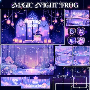 May include: A digital art set with a magical night theme. The main image features a frog wearing a witch hat, sitting on a book, with the text "Starting Soon". Additional panels include forest scenes, chat boxes, and decorative elements.