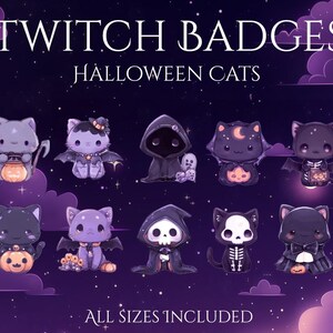 Peut inclure: Ensemble de badges Twitch sur le thème d'Halloween avec des chats. Les badges présentent des chats déguisés en costumes effrayants, comme une faucheuse, un vampire et un squelette. Le fond est violet foncé avec des étoiles et des nuages blancs. Le texte indique "Twitch Badges" et "Halloween Cats".