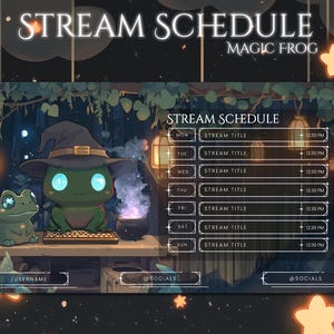 May include: A digital illustration featuring a green frog wearing a witch hat, sitting at a desk with a keyboard. The image includes a stream schedule with time slots and the text "STREAM SCHEDULE MAGIC FROG". Decorative elements include stars and lanterns.