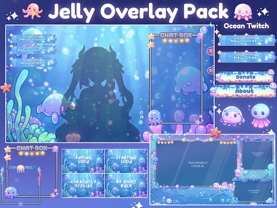 Jellyfish Stream Pack | Cute Animated Twitch Overlay | Lofi Sea Overlay for Cozy Streams | Ocean-Themed Twitch Decor | Kawaii Blue Overlay