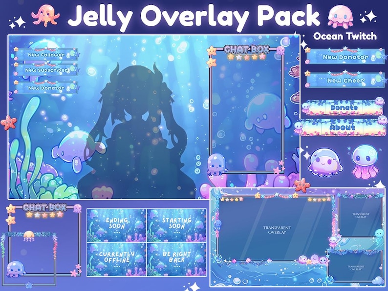 May include: A digital art pack featuring an ocean theme with jellyfish and aquatic elements. Includes overlay designs for Twitch streams, with chat boxes, alerts, and status screens. The color palette is primarily blue and purple.