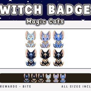 Puede incluir: Gráfico de insignias de Twitch con el tema "Magic Cats". Las insignias muestran ilustraciones estilizadas de gatos en tonos azules, dorados y negros. El texto en la parte superior dice "Twitch Badges" y en la inferior, "All Sizes Included".