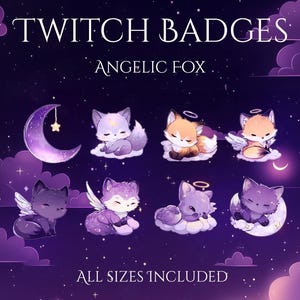 Puede incluir: Ilustración digital de insignias de Twitch con temática de zorro angelical. La imagen incluye varias ilustraciones de zorros con halos y alas, sobre un fondo de cielo nocturno púrpura con nubes, una luna creciente y estrellas. El texto dice "Twitch Badges" y "All Sizes Included."