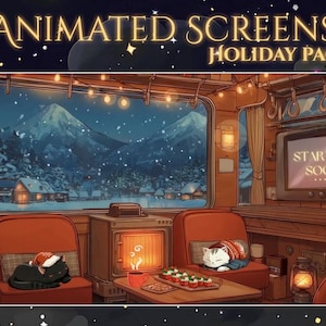 Peut inclure: Image du pack de vacances d'écrans animés. Scène animée d'un intérieur de wagon de train avec vue sur une montagne enneigée. Comprend un sapin de Noël, des chats et le texte "Starting Soon" sur un écran.