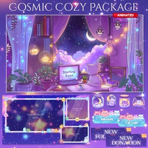 May include: A purple and blue animated Twitch overlay package with a starry night sky background. The overlay includes a chat box, a starting soon screen, a tip jar, a follow button, a new donation button, and an about button. The overlay also features a cute cat and a moon.