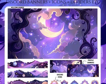 Pacchetto Discord Notte Stregata / Notte Magica di Luna / Kit Server Estetica Oscura / Luna Crescente / Pipistrelli Spettrali / Cielo Cosmico / Pacchetto Discord Viola
