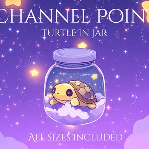 Peut inclure: Illustration d'une tortue de dessin animé dans un bocal en verre, sur fond violet étoilé. Le bocal est fermé par un couvercle et repose sur un nuage. Le texte indique "CHANNEL POINT" et "TURTLE IN JAR".