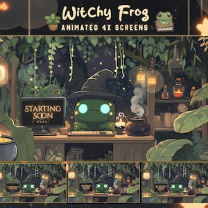 Frosch-Hexe-Schirme | Mond Magie Zauberer Overlay Niedliche Witchy Pflanzen Animierte Twitch Bildschirme Gemütliche Vtuber Overlays, Schwarzes Paket