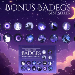 May include: A collection of "Magical Night Badges" with icons, logos, and stickers. The badges feature a night sky theme with cats, butterflies, and crescent moons. The background is a deep purple with a crescent moon and stars.