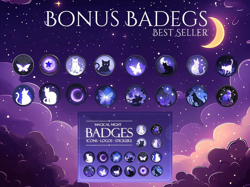 May include: A collection of "Magical Night Badges" with icons, logos, and stickers. The badges feature a night sky theme with cats, butterflies, and crescent moons. The background is a deep purple with a crescent moon and stars.