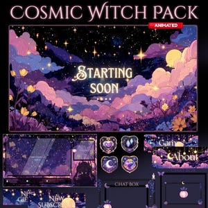 May include: A digital art pack with a cosmic witch theme. The main image shows a starry night sky with purple and pink clouds, the words "Starting Soon", and animated elements. Additional graphics include chat boxes, overlays, and animated elements.