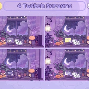 May include: Four Twitch screen overlays featuring a purple and pink room with a window, a cat, and a computer screen with the text "Currently Streaming".