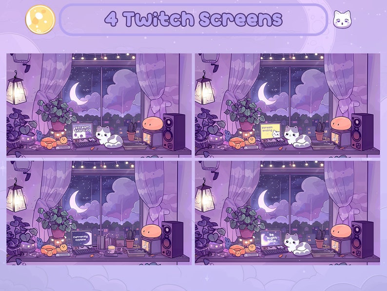 May include: Four Twitch screen overlays featuring a purple and pink room with a window, a cat, and a computer screen with the text "Currently Streaming".