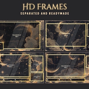 May include: Digital art featuring four HD frames with a celestial theme. Each frame has a transparent area, a gold border, and a background of a night sky with moons, stars, and clouds. The text "HD FRAMES" and "SEPARATED AND READYMADE" is at the top.