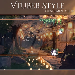 May include: A digital overlay for VTuber streams, featuring a serene outdoor scene with lanterns and a transparent area for the stream. The text "VTUBER STYLE" and "CUSTOMIZE YOUR OWN!" are displayed at the top.