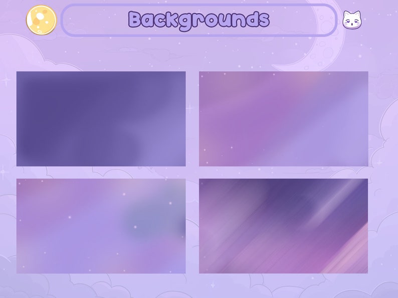 May include: Four purple and pink gradient backgrounds with a subtle sparkle effect. The backgrounds are arranged in a grid with the text "Backgrounds" at the top.