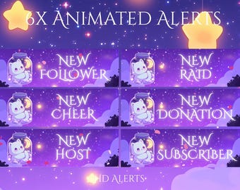 May include: Animated streaming alerts with a cute cat in a jar and a moon. The alerts include "New Follower," "New Cheer," "New Host," "New Raid," "New Donation," and "New Subscriber" on a purple starry background.