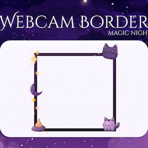 Op de afbeelding: Paarse webcamrand met een witte achtergrond en een zwart vierkant frame. Het frame is versierd met sterren, een halve maan en een kaars. Er zijn twee paarse katten op het frame, een in de rechterbovenhoek en een in de rechterbenedenhoek. De tekst "WEB CAM BORDER" staat bovenaan de afbeelding en de tekst "MAGIC NIGHT" eronder.