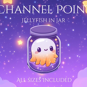 Peut inclure: Une illustration de dessin animé d'une méduse dans un bocal avec un fond étoilé. Le texte "CHANNEL POINT JELLYFISH IN JAR" est en haut de l'image. Le texte "ALL SIZES INCLUDED" est en bas de l'image.