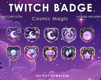 May include: A digital art image featuring Twitch badges with a cosmic magic theme. The badges are heart-shaped with gold trim and various celestial designs, including moons, stars, and planets. Text includes "Twitch Badge" and "Cosmic Magic."