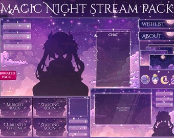 May include: A digital art stream pack with a purple and pink night sky theme. The pack includes animated overlays, chat boxes, and scene transitions. Text includes "Magic Night Stream Pack", "Wishlist", "About", "Be Right Back", "Starting Soon", "Currently Offline", and "Transparent Screen".