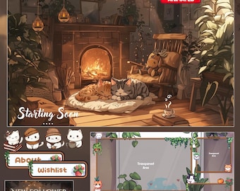 May include: Animated Twitch stream package featuring a cozy living room scene with two cats sleeping by a fireplace. The package includes animated overlays for starting soon, about, wishlist, new follower, and new donation.