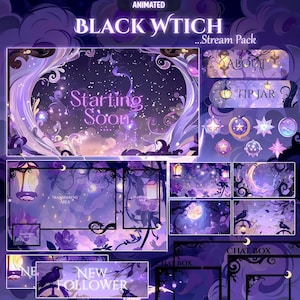 Op de afbeelding: Geanimeerd "Black Witch" stream pack met een paars en zwart thema. Bevat overlay-schermen met tekst zoals "Starting Soon", "About", "Tip Jar" en "New Follower". Decoratieve elementen zijn sterren, manen, lantaarns en bloemmotieven.