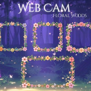 以下が含まれることがあります： 森を背景にした、花のフレームが特徴のWebカメラオーバーレイ。 フレームはピンク、オレンジ、黄色の花で飾られており、上部には「WEB CAM FLORAL WOODS」の文字があります。 背景は、輝く要素のある夢のような紫色の森です。