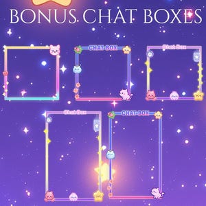 May include: Four animated chat boxes with a space theme. Each box has a pink, blue, or yellow border with stars and a cute cartoon animal. The text "CHAT BOX" appears in each box.