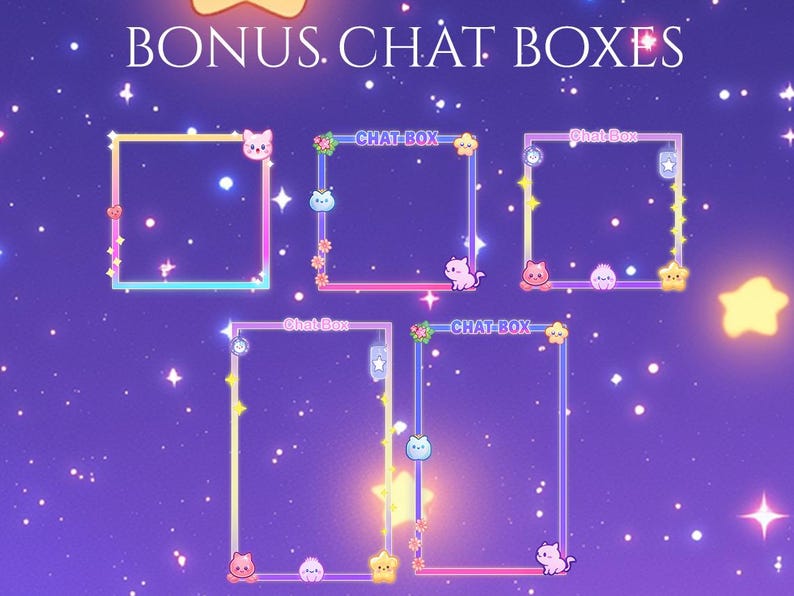 May include: Four animated chat boxes with a space theme. Each box has a pink, blue, or yellow border with stars and a cute cartoon animal. The text "CHAT BOX" appears in each box.