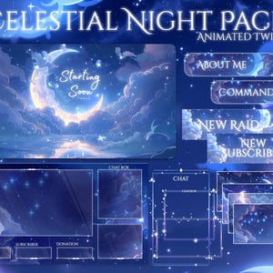 Puede incluir: Un paquete de arte digital con un tema de noche celestial, con una luna creciente, nubes y estrellas. El paquete incluye superposiciones animadas de Twitch con botones etiquetados como "About Me", "Commands", "New Raid" y "New Subscriber". También son visibles las palabras "Celestial Night Pack" y "Animated Twitch".