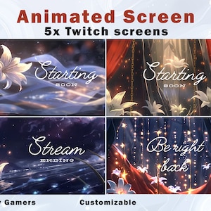 以下が含まれることがあります： 白い花、キラキラ光る光、そして「Starting Soon」、「Starting Soon」、「Stream Ending」、「Be Right Back」、「Fantasy Gamers」というテキストが書かれたファンタジーをテーマにした5つのアニメーションTwitch画面オーバーレイ。