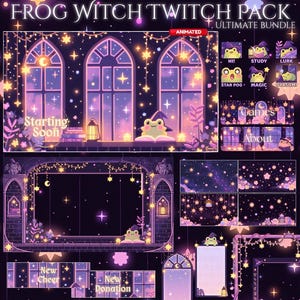 Può includere: Pacchetto di arte digitale a tema stravagante. L'immagine presenta una rana con un cappello da strega, sullo sfondo di un cielo stellato e finestre ad arco. Il testo include "FROG WITCH TWITCH PACK" e vari elementi animati.