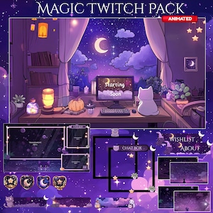White Cat Twitch Overlay | Animated Screens | Animated Alerts | Twitch Overlays | Panels | Magic Night | Cozy Cat | Bedroom | Computer room