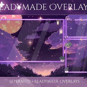 May include: A digital art graphic with a purple and pink night sky theme. The text "READYMADE OVERLAYS" is at the top. The image includes a moon, stars, clouds, and a cat. The bottom text reads "SEPERATED + READYMADE OVERLAYS".
