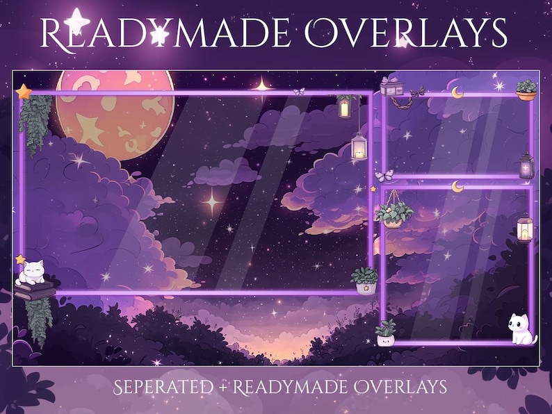 May include: A digital art graphic with a purple and pink night sky theme. The text "READYMADE OVERLAYS" is at the top. The image includes a moon, stars, clouds, and a cat. The bottom text reads "SEPERATED + READYMADE OVERLAYS".