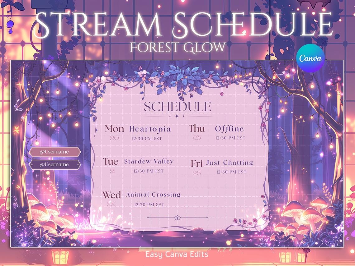 Forest Glow Stream Schedule | Cozy Twitch Overlay, Floral (canva ...