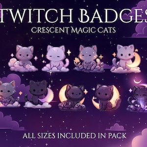 Op de afbeelding: Digitale illustratie van negen kat-badges met halve manen, tegen een paarse nachthemel met wolken en sterren. Tekst luidt "Twitch Badges" en "Crescent Magic Cats". De zin "All Sizes Included in Pack" is ook aanwezig.
